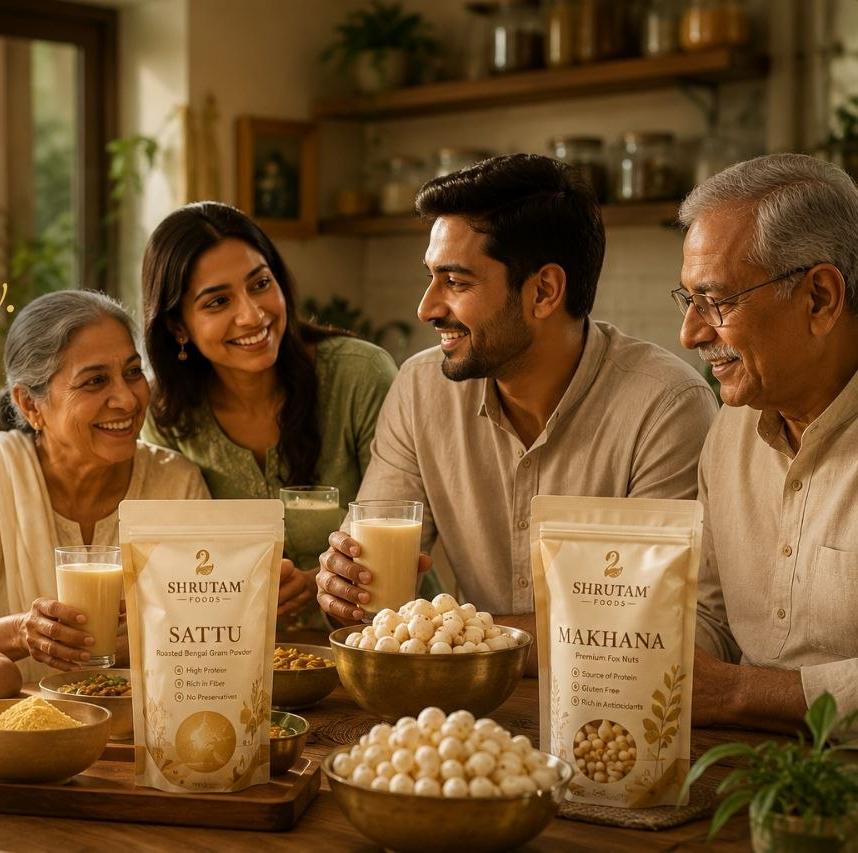 Family sharing Shrutam sattu and makhana at the table